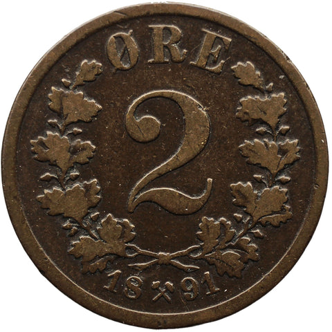 1891 2 Ore Norway Coin Oscar II