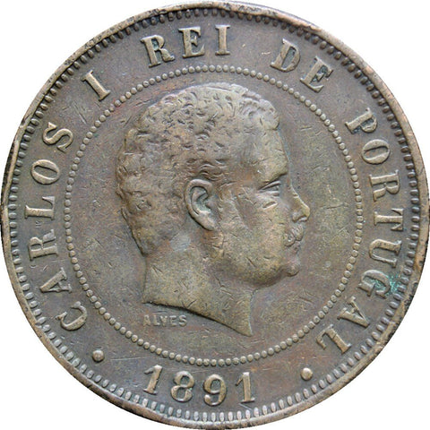 1891 20 Reis Coin Carlos I Portugal