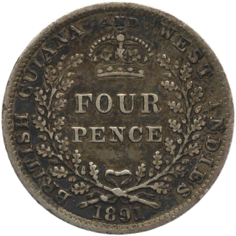 1891 4 Pence British Guyana West Indies Silver Coin Victoria