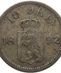 1892 10 Öre Norway Coin Silver Oscar II