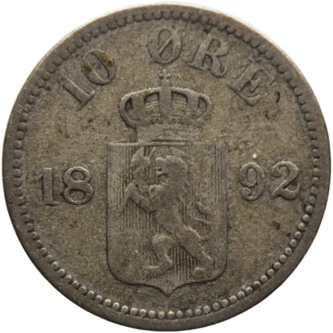 1892 10 Öre Norway Coin Silver Oscar II