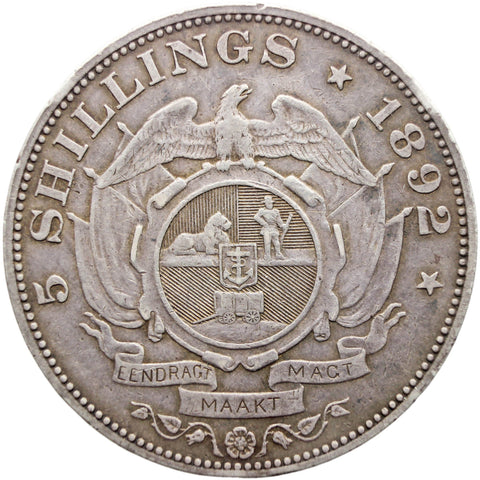 1892 5 Shilling South Africa Crown Silver Coin Paul Kruger Single Shaft