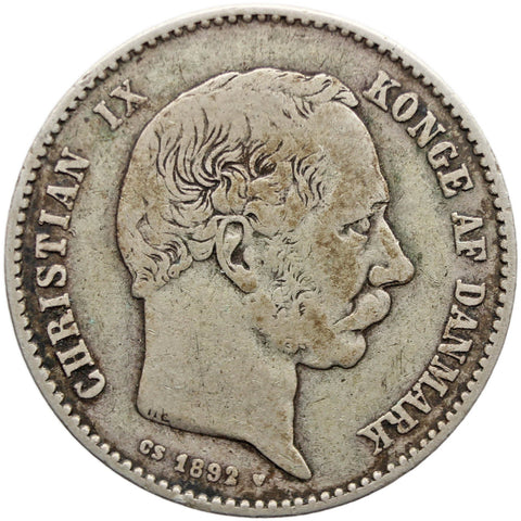 1892 CS One Krone Denmark Coin Christian IX Silver