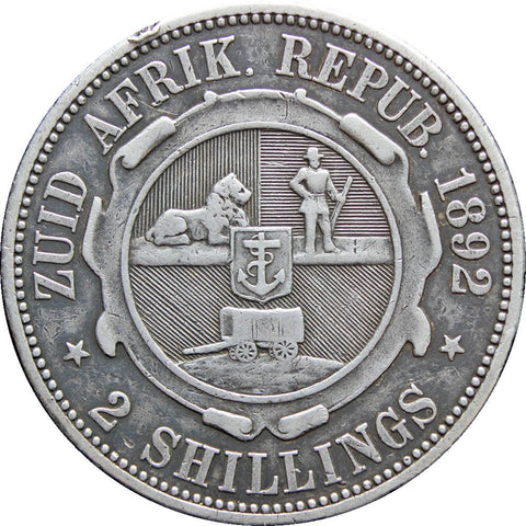 1892 Two Shilling South Africa ZAR Paul Kruger Silver Coin