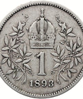 1893 1 Korona Austria Franz Joseph I Silver Coin