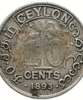 1893 10 Cents Ceylon Victoria Coin Silver