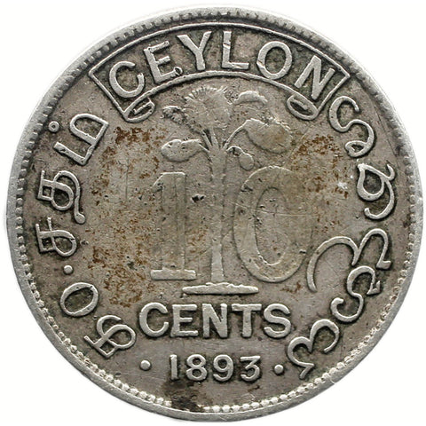 1893 10 Cents Ceylon Victoria Coin Silver