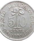 1893 50 Cents Ceylon Victoria Coin Silver