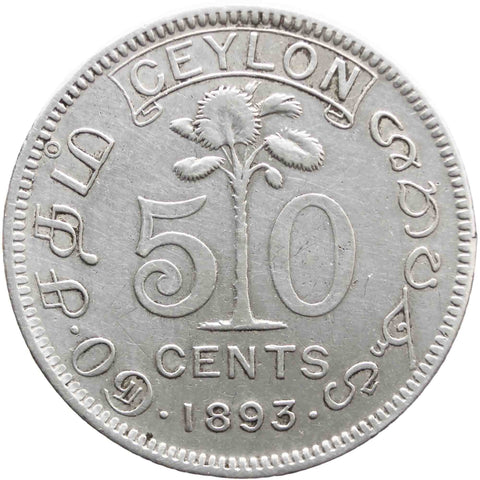 1893 50 Cents Ceylon Victoria Coin Silver