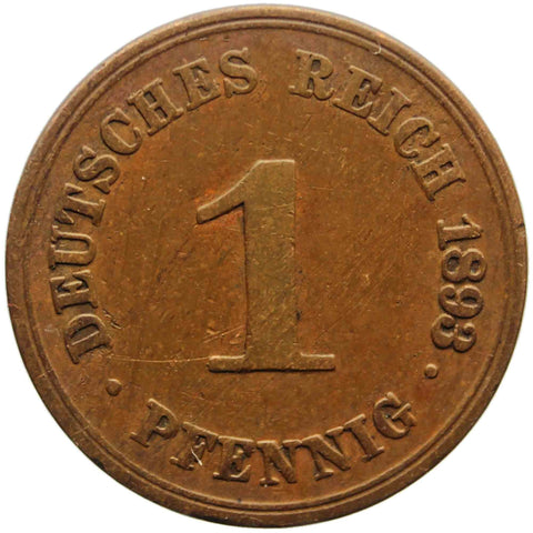 1893 A One Pfennig Germany Wilhelm I Coin Small Shield Berlin Mint