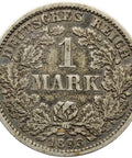 1893 F One Mark Germany Wilhelm II Coin Silver (type 2 - small shield) Stuttgart Mint