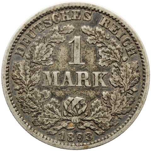 1893 F One Mark Germany Wilhelm II Coin Silver (type 2 - small shield) Stuttgart Mint
