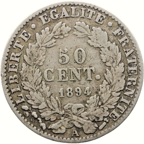 1894 A 50 Centimes France Coin Silver