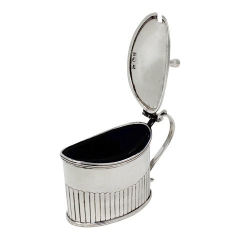 1894 Antique Victorian Era Sterling Silver Mustard Pot with Blue Glass Liner Silversmiths Thomas Bradbury & Sons London Hallmarks