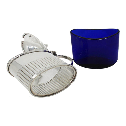 1894 Antique Victorian Era Sterling Silver Mustard Pot with Blue Glass Liner Silversmiths Thomas Bradbury & Sons London Hallmarks