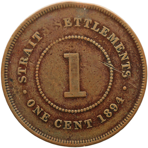 1894 One Cent Straits Settlements Queen Victoria Coin