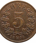 1896 5 Ore Norway Coin Oscar II