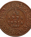1897 1/12 Anna India British Queen Victoria Coin Calcutta Mint