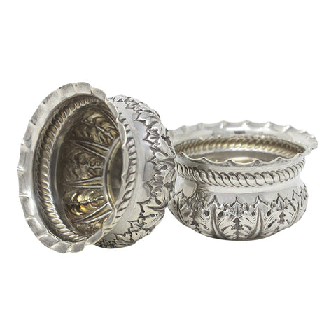 1897 Antique Victorian Era Pair Sterling Silver Salt Cellars Silversmiths James Jackson II London Hallmarks