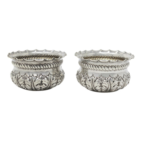 1897 Antique Victorian Era Pair Sterling Silver Salt Cellars Silversmiths James Jackson II London Hallmarks