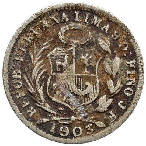 1903 JF Half Dinero Peru Coin Silver
