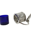 1904 Antique Edwardian Era Sterling Silver Mustard Pot with Blue Glass Liner Silversmiths Ridley Hayes Chester Hallmarks