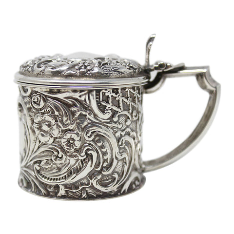 1904 Antique Edwardian Era Sterling Silver Mustard Pot with Blue Glass Liner Silversmiths Ridley Hayes Chester Hallmarks