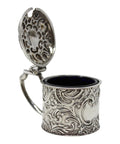 1904 Antique Edwardian Era Sterling Silver Mustard Pot with Blue Glass Liner Silversmiths Ridley Hayes Chester Hallmarks
