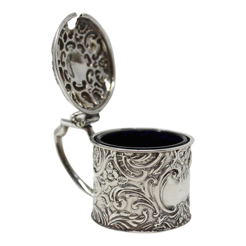 1904 Antique Edwardian Era Sterling Silver Mustard Pot with Blue Glass Liner Silversmiths Ridley Hayes Chester Hallmarks