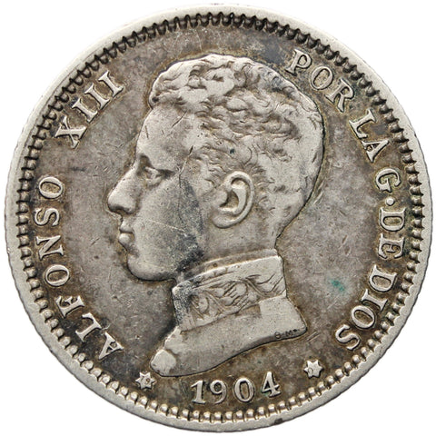 1904 One Peseta Spain Coin Silver Alfonso XIII