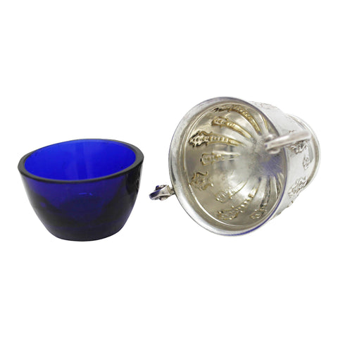 1905 Antique Edwardian Era Sterling Silver Salt Pot with Blue Glass Liner Silversmiths Henry Matthews Birmingham Hallmark