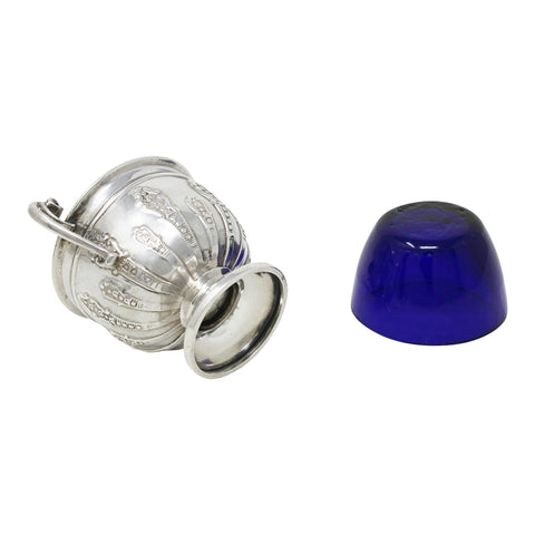 1905 Antique Edwardian Era Sterling Silver Salt Pot with Blue Glass Liner Silversmiths Henry Matthews Birmingham Hallmark