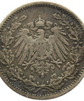 1905 E Half Mark Germany Wilhelm II Coin Silver (type 2 - small shield) Mint Muldenhütten