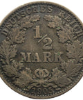 1905 E Half Mark Germany Wilhelm II Coin Silver (type 2 - small shield) Mint Muldenhütten