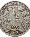 1905 J Half Mark Germany Coin Wilhelm II Silver Hamburg Mint