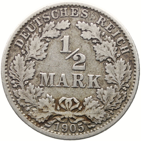 1905 J Half Mark Germany Coin Wilhelm II Silver Hamburg Mint
