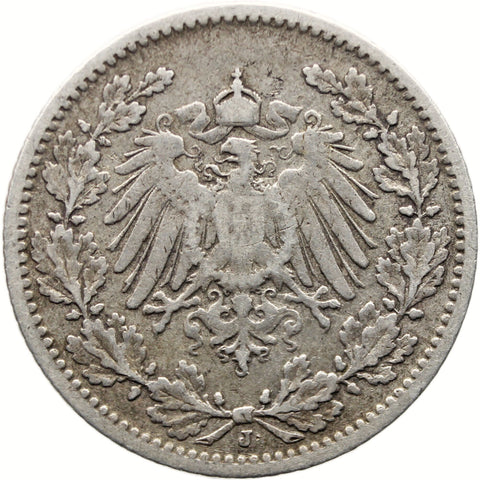 1905 J Half Mark Germany Coin Wilhelm II Silver Hamburg Mint