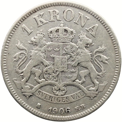 1906 1 Krona Sweden Coin Oscar II Silver