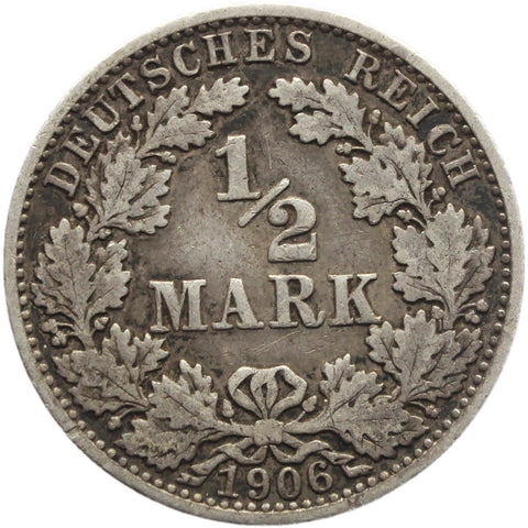 1906 A Germany Half Mark Wilhelm II Coin Silver (type 2 - small shield)