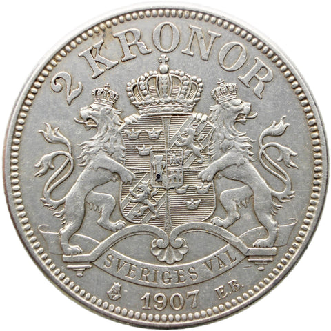 1907 2 Kronor Sweden Coin Oscar II Silver