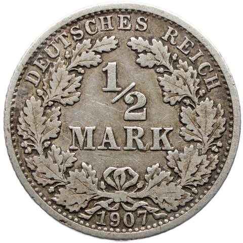 1907 G Half Mark Germany Coin Wilhelm II Silver Karlsruhe Mint