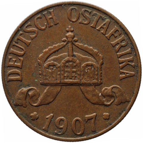 1907 J 1 Heller German East Africa Wilhelm II Coin Hamburg Mint