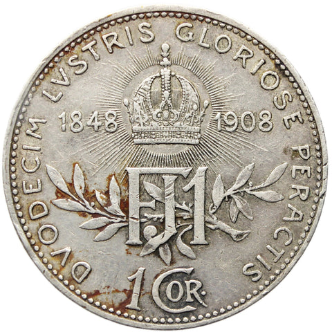 1908 1 Corona Austria Habsburg Coin Franz Joseph I Silver 60th Anniversary of the Reign