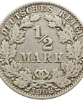 1908 A Germany Half Mark Wilhelm II Coin Silver (type 2 - small shield)