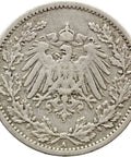 1908 A Germany Half Mark Wilhelm II Coin Silver (type 2 - small shield)