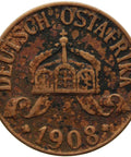 1908 J German East Africa Wilhelm II Bronze one Heller coin