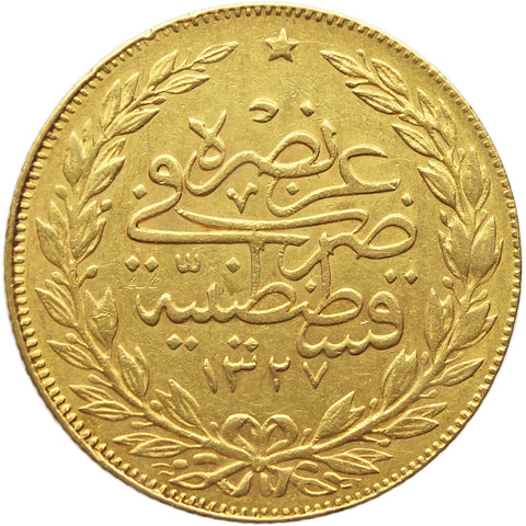 1909 100 Kurus Ottoman Empire Gold Coin Mehmed V AH1327 Reshat right of Toughra