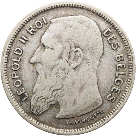 1909 2 Francs Belgium Coin Leopold II Silver French text