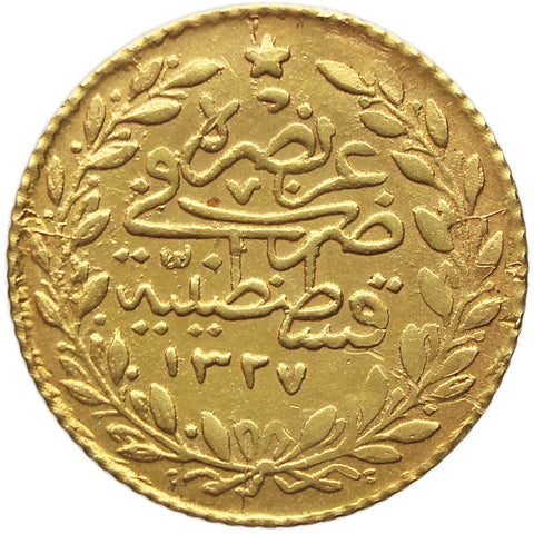 1910 25 Kurus Ottoman Empire Gold Coin Mehmed V AH1327