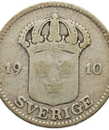 1910 W 25 Öre Sweden Coin Gustaf V Silver Large Crown